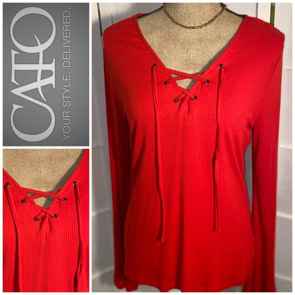 Cato Tops - CATO Bell Cuff Ribbed Lace Up V-Neck